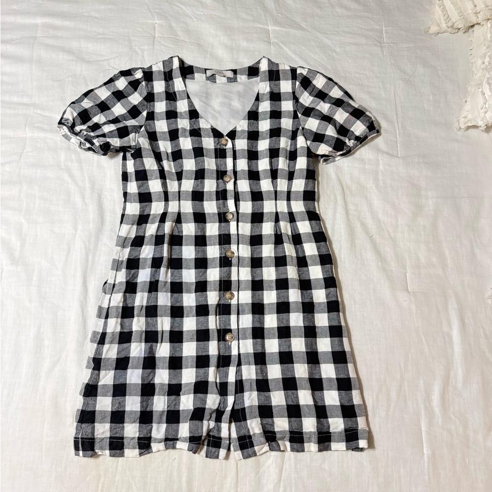 LOFT Black and White Button Up Gingham Mini Dress with Puffed Sleeves